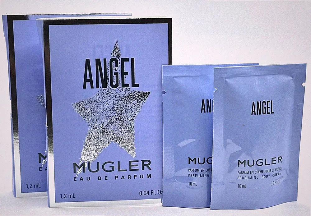 2-Thierry Mugler Angel Perfuming Body Cream 0.3oz/ 10 ml & 2-Angel EDP Samples